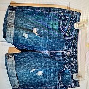 Lauren Conrad metallic embroidered distressed cotton denim jean shorts